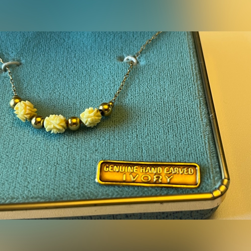 Vintage 1970’s Hard Carved Ivory & 12K GF Necklace in Original Jewelry Case